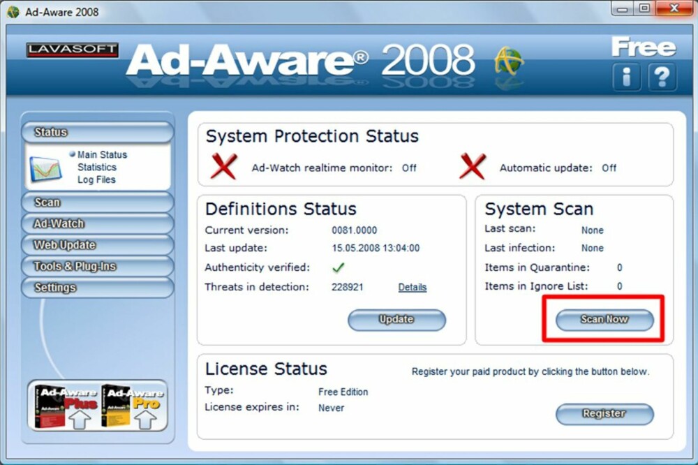 1: AD-AWARE: Når du åpner Ad-Aware ser du denne hjemmeskjermen. Her kan man lese om status på maskinen. Trykk «Scan Now» for å starte skanning av maskinen.