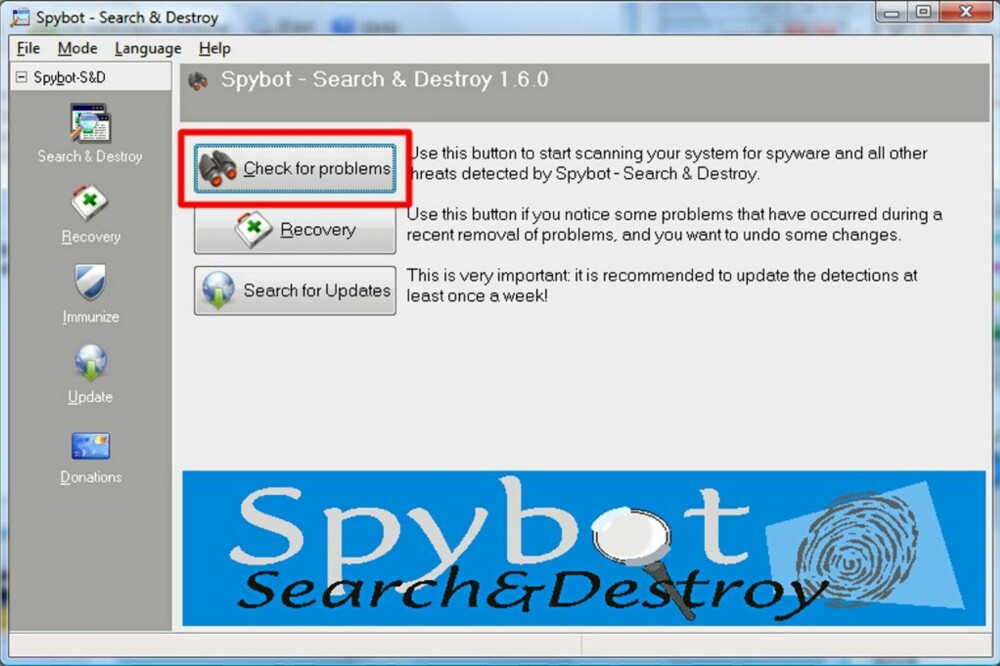 1: SPYBOT SEARCH AND DESTROY: Når du åpner Spybot SogD får du denne hjemmeskjermen. Her klikker man enkelt på «Check for problems».