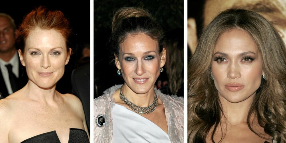 ANSIKTSFORMER: Vi er alle ulike. Se bare på Julianne Moore, Sarah Jessica Parker og Jennifer Lopez. Legg merke til at Parker skyggelegger lang panne og nesetippen (forkorter lang nese) og at Lopez smalner nesen ved bruk av lys og skygge.