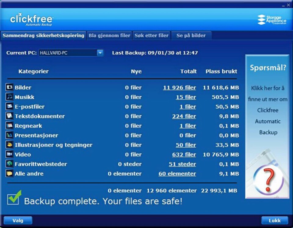 FERDIG: Slik ser det ut etter at Clickfree er ferdig med å ta sikkerhetskopi av PC-en.