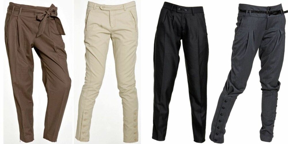 GULRØTTER: Fra venstre: Brun med knyting fra Inwear, kr 800. Lys beige fra Josefssons, kr 229. Svart dressbukse fra Resteröds, kr 1299. Grå med belte fra Vero Moda, kr 299. GULRØTTER: Fra venstre: Brun med knyting fra Inwear, kr 800. Lys beige fra Josefssons, kr 229. Svart dressbukse fra Resteröds, kr 1299. Grå med belte fra Vero Moda, kr 299.