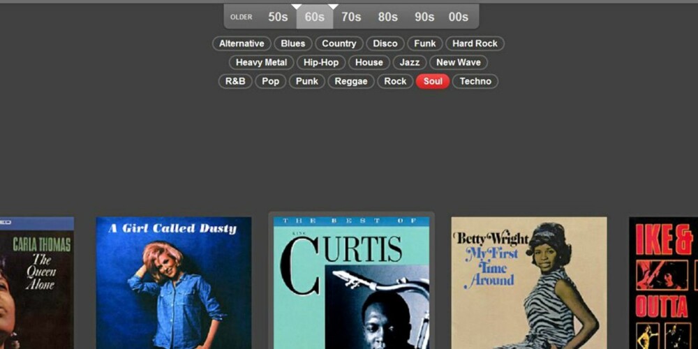 SOULRADIO: Radiomenyen kan kombineres og siles etter sjanger og tiår, for eksempel 60-tallssoul.