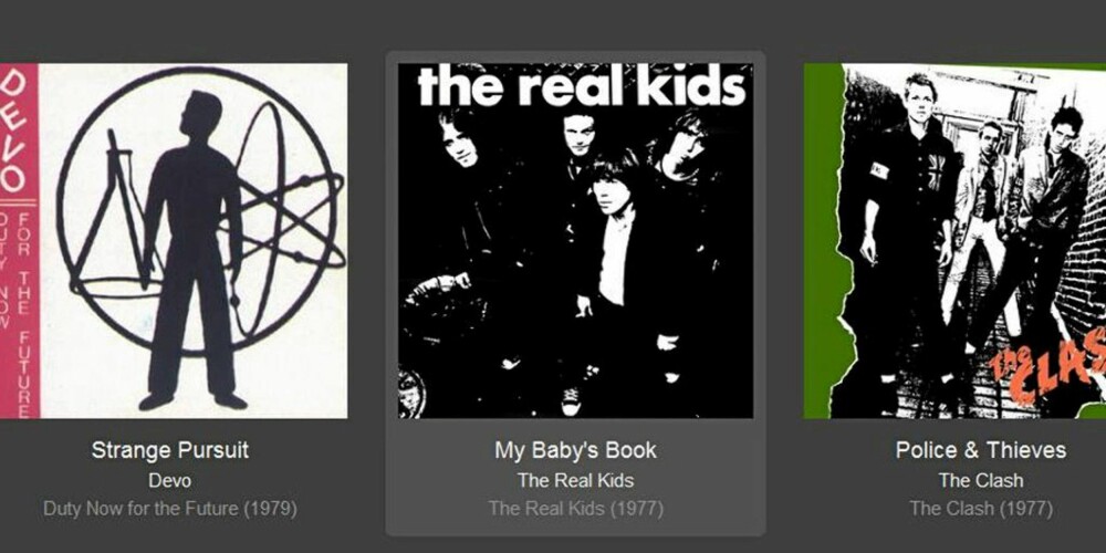 BRA UTVALG: Det finnes selvsagt hull i utvalget., men man kan jo glede seg over det som faktisk er der? Her er noe av det som kom mens radioen var innstilt på punk fra 1970-tallet. Låta som spilles har et grått felt rundt seg, neste låt ligger i køen til venstre. BRA UTVALG: Det finnes selvsagt hull i utvalget., men man kan jo glede seg over det som faktisk er der? Her er noe av det som kom mens radioen var innstilt på punk fra 1970-tallet. Låta som spilles har et grått felt rundt seg, neste låt ligger i køen til venstre.
