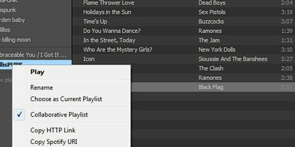 DELE LISTER: Det ganske enkelt å dele spillelister med Spotify-venner, og det blir sikkert enda enklere etter hvert. Alt du trenger å gjøre er å huke av Collaborative Playlist, kopiere HTTP-lenken og sende den. DELE LISTER: Det ganske enkelt å dele spillelister med Spotify-venner, og det blir sikkert enda enklere etter hvert. Alt du trenger å gjøre er å huke av Collaborative Playlist, kopiere HTTP-lenken og sende den.