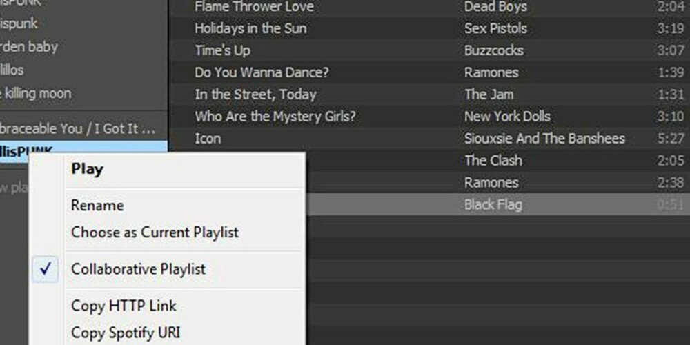 DELE LISTER:  Det ganske enkelt å dele spillelister med Spotify-venner, og det blir sikkert enda enklere etter hvert. Alt du trenger å gjøre er å huke av Collaborative Playlist, kopiere HTTP-lenken og sende den.