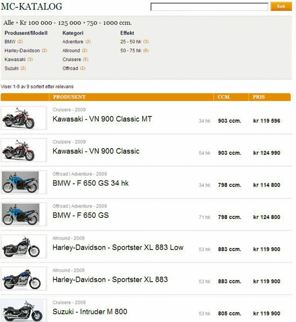 OVERSIKT: I dette søket er det 9 sykler mellom 750 og 1000 kubikk ¿ og dem ser du med ett blikk.