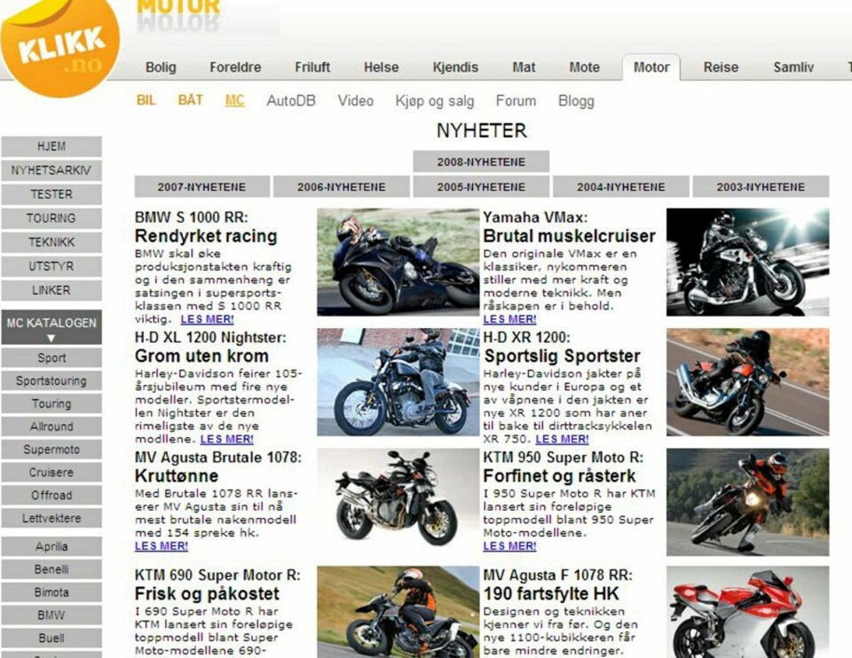2003 TIL 2008: Ikke like søkbart, men gamlekatalogen er fortsatt svært oversiktlig med alt av modeller, priser og nyheter seks år bakover.
