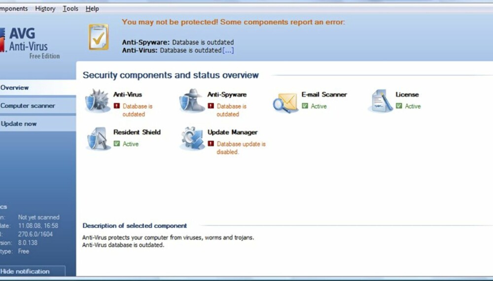 GRENSESNITT: I gratisprogrammet AVG Anti Virus kan du lett se om programmet trenger en oppdatering.