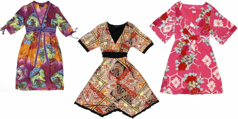 FRA VENSTRE: Flerfarget kimono fra Style Butler (kt 1880), mønstret kimono fra Haust (kr 2700), rosa kimono fra Oasis (kr 949).