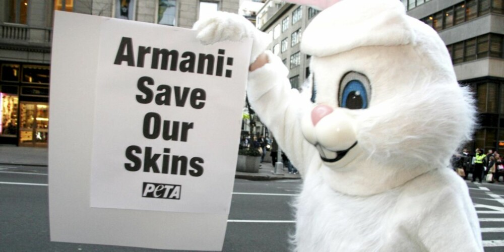 MOT ARMANI: Den amerikanske dyrevernorganisasjonen PETA demonstrerer mot bruk av kaninpels i kolleksjonen til Armani. Han hadde etter sigende lovet PETA å bli helt pelsfri...