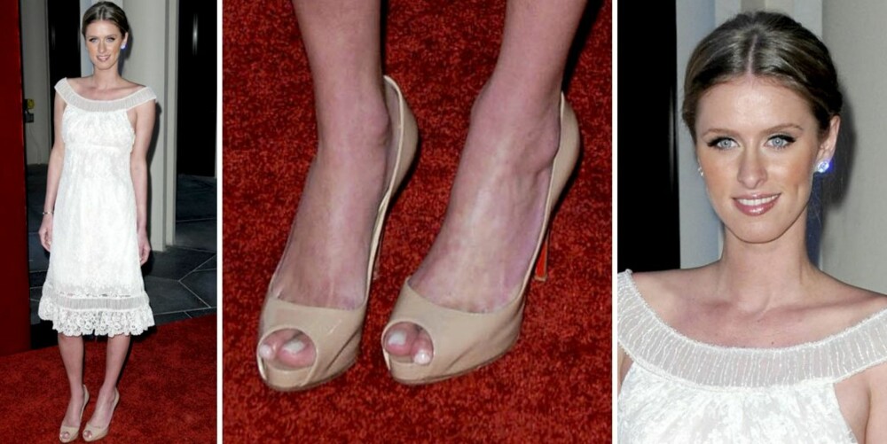 RIKTIG TILBEHØR: Nicky Hilton går for hudfargede peeptoe-sko og lite smykker til Valentino-kjolen.