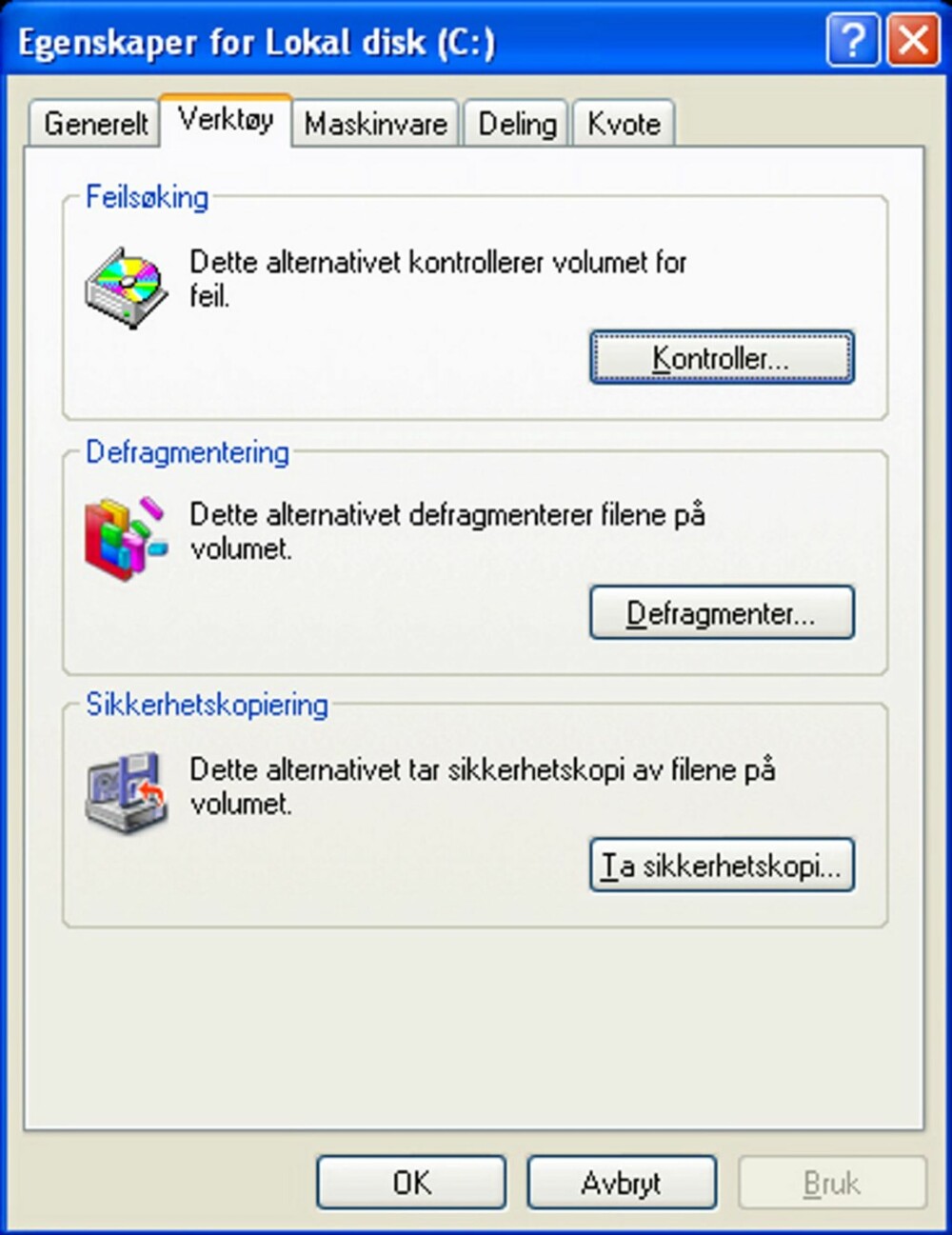SØK ETTER FEIL: Windows feilsøking finner fysiske skader på harddisken. Høyreklikk på den aktuelle harddisken og velg «egenskaper» for tilgang til feilsøking.