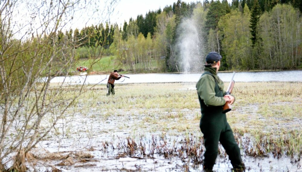 JAKTMARKENE: Skuddet går og gjedda får det. Jaktmarkene er faktisk våtmarker. Einar skyter, og kompis Frank ser noe overrasket ut over skuldra. JAKTMARKENE: Skuddet går og gjedda får det. Jaktmarkene er faktisk våtmarker. Einar skyter, og kompis Frank ser noe overrasket ut over skuldra.