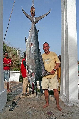 STOLT TANAVÆRING: Det var dessverre ingen som klarte å ta noen gode bilder av Stein Ivar Iversen sammen med den svarte marlinen på rundt 120 kg. Heldigvis fikk han lov til å "låne" fisken til en tysker på omtrent samme vekt.