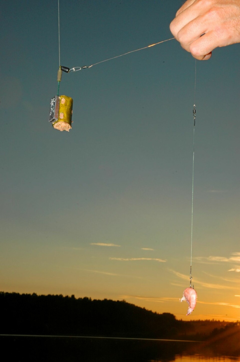 INGEN VINNER: Glidende feeder med rekemos og boostet reke var det jeg hadde mest tro på til å begynne med. Det ga noen napp, men ingen fisk på land. En teori er at fisken har gått for innholdet i feederen, og ikke krokagnet.