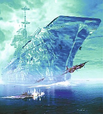 SCI-FI: Slik tenkte man seg det kunne se utu når hangarskipet HMS Habbakuk kom glidende gjenom vannet.