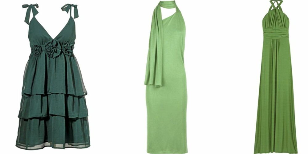 SKJØNNE TONER: Du finner alltid en grønntone som kler deg. Hva med blågrønn kjole fra Ellos, kr 299? Halterneck-kjolen er fra Halston og fås for ca 12000 kr på Net-a-porter.com. Fotsid kjole fra T-bags koster ca 2500 på Net-a-porter.com