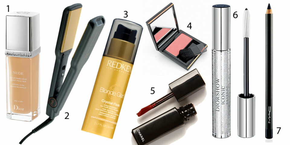 1: Dior Fluid foundation natural glow, kr 380. 2: GHD Styler salong stylingjern, kr 1899. 3: Redken Blond glam crystal flash, kr 305. 4: Elizabeth Arden Bronzing mineral cheekcolor i fargen rosy glow, kr 280. 5: Chanel Rouge leppefarge allure laque, kr 305. 6: Diorshow Iconic extreme waterproof mascara, kr 265. 7: Mac Blonde eye Kohl i fargen phone number, kr 125.
