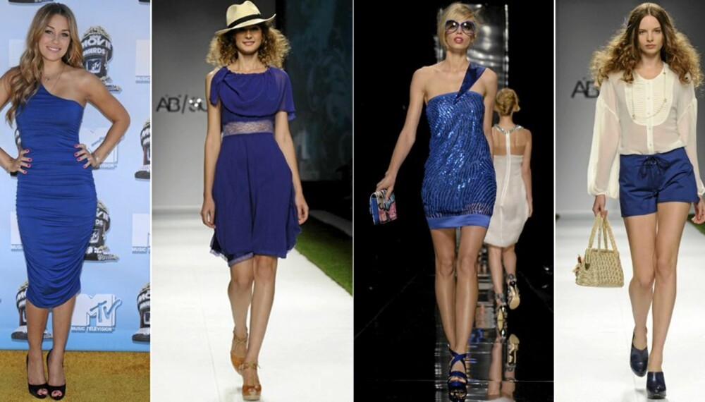 BLÅTT I BLÅTT: Lauren Conrad går for en asymmetrisk, blå kjole, mens AB/Soul og John Richmond viste fram blå plagg og accessoirer på catwalken.