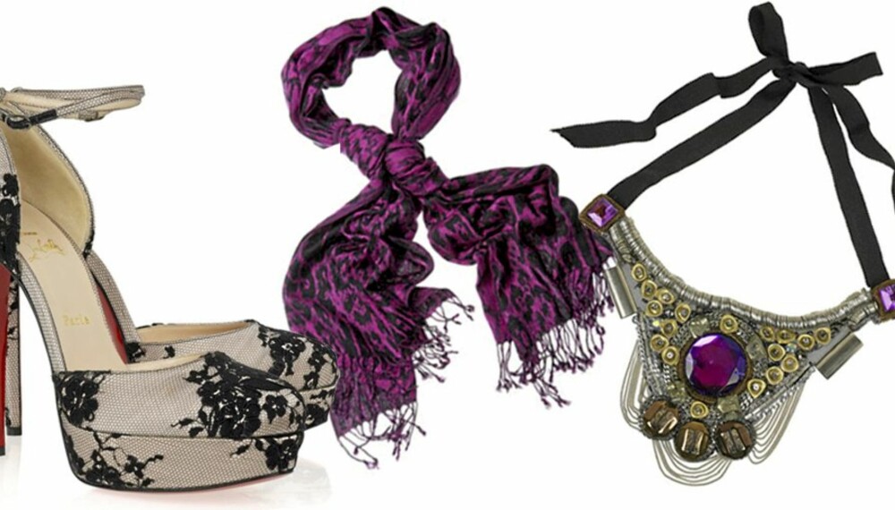 FRA VENSTRE: Statementsko fra Christian Louboutin (kr 4836), skjerf med dyreprint fra Warehouse (kr 184), statementsmykke fra OScar de la Renta (kr 5336). FRA VENSTRE: Statementsko fra Christian Louboutin (kr 4836), skjerf med dyreprint fra Warehouse (kr 184), statementsmykke fra OScar de la Renta (kr 5336).