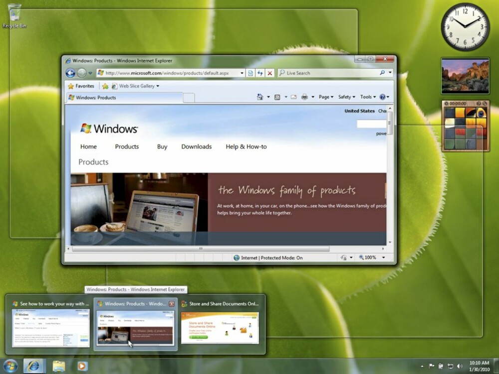Windows 7 statusbar og preview av innhold i vinduer.