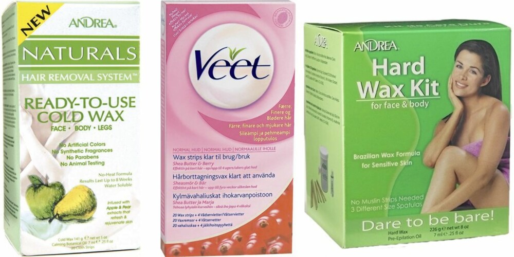 HJEMMEVOKS: Du kan godt vokse hjemme, og det finnes flere vokstyper å velge mellom. Andrea Naturals Apple Pear cold wax koster kr 189, Veet Wax Strips koster kr 109, og Andrea All over Warm Wax koster kr 159.