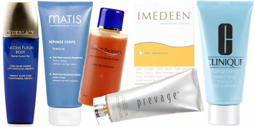 FRA VENSTRE: Guerlain Success future Body perfect shape care contouring and shaping (kr 885), Matis Restructuring stretch mark cream (kr 595), Beauté Pacific Sculpting anti-cellulite gel (kr 299), Elizabeth Arden Prevage body total transforming anti-ageing moisturizer (kr 1300), Imedeen Tan optimizer (kr 430), Clinique Turnaround instant facial mask (kr 365). FRA VENSTRE: Guerlain Success future Body perfect shape care contouring and shaping (kr 885), Matis Restructuring stretch mark cream (kr 595), Beauté Pacific Sculpting anti-cellulite gel (kr 299), Elizabeth Arden Prevage body total transforming anti-ageing moisturizer (kr 1300), Imedeen Tan optimizer (kr 430), Clinique Turnaround instant facial mask (kr 365).