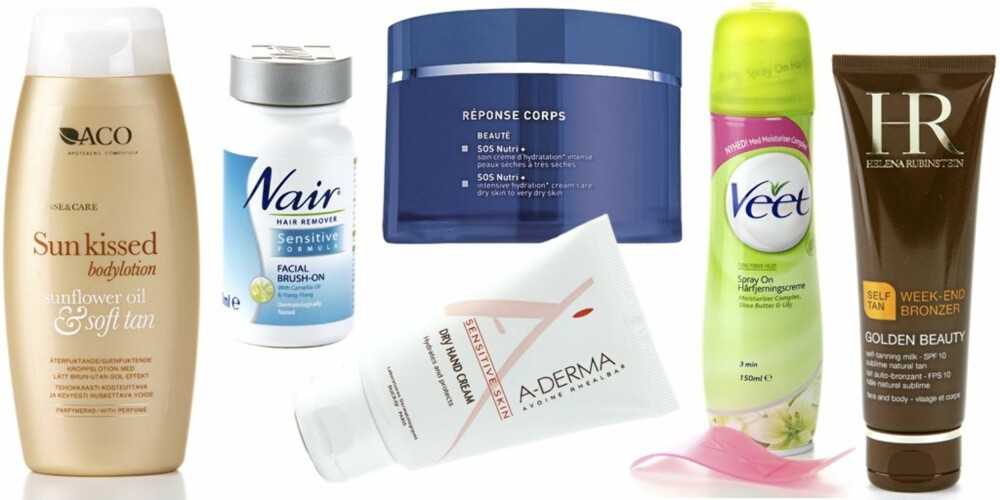 FRA VENSTRE: Aco Sun kisse bodylotion sunflower oil & soft tan (kr 69), Nair Hair remover facial brush-on (kr 59), A-derma Dry hand cream (kr 79), Matis SOS Nutri+ intensive hydration cream care (kr 1299), Veet Spray on hårfjerningscreme normal (kr 120), Helena Rubinstein Golden beauty weekend bronzer face & body (kr 330).