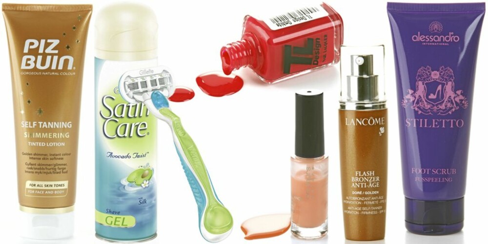 FRA VENSTRE: Piz Buin Self tanning shimmering tinted lotion face & body (kr 154), Gilette Satin care avocado twist skum (kr 46), Gilette Venus embrace høvel (kr 175), TL Design neglelakk nr. 220 orcide (kr 129), Yves Rocher Couleurs nature nail polish nr. 51(kr 89), Lancôme Flash bronzer anti-age (kr 450), Alessandro Stiletto foot scrub (kr 299).