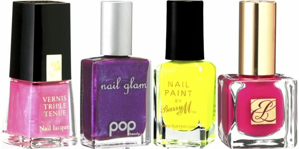 FRA VENSTRE: Lancôme Vernis triple tenue (kr 190), Pop Beauty Nail glam lilac (kr 85), Barry M Neon Yellow (kr 149), Estée Lauder Fuchsia (kr 175)