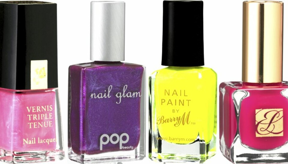 FRA VENSTRE: Lancôme Vernis triple tenue (kr 190), Pop Beauty Nail glam lilac (kr 85), Barry M Neon Yellow (kr 149), Estée Lauder Fuchsia (kr 175)