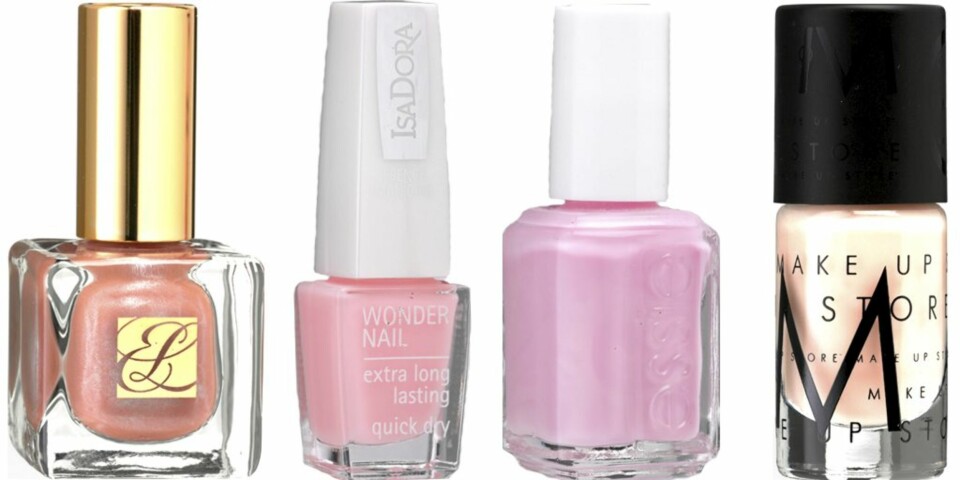 FRA VENSTRE: Estée Lauder Frozen fantasy (kr 175), Isadora Wonder Nail French manicure (kr 79), Essie Guchi muchi punchi (kr 149), Make Up Store Nice french manicure (kr 130)