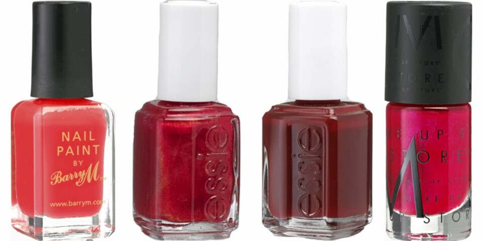FRA VENSTRE: Barry M Coral (kr 140), Essie Jag-u-ar (kr 149), Essie Macks (kr 149), Make Up Store Desiree shimmer (kr 130)