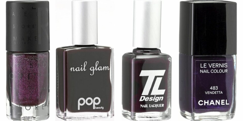 FRA VENSTRE: Make Up Store Rebecca batch (kr 130), Pop Beauty Nail glam wine (kr 85), TL Design Madrid (kr 129), Chanel Le vernis vendetta (kr 195)