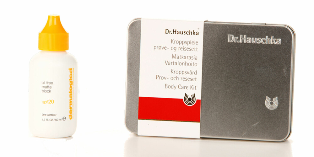 PLEIENDE: Dermalogica Oilfree Matte Block, kr 495. Dr. Hauschka Prøve- og reisesett, kr 109.