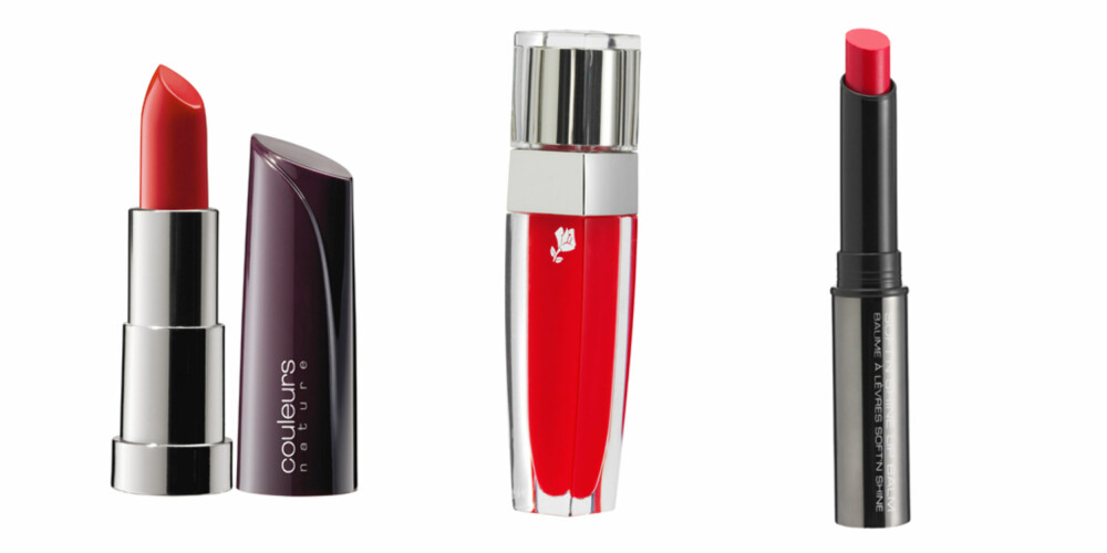 Fra venstre: Leppestift fra Yves Rocher. Lancôme lipgloss nr 125, kr 185. Gosh soft shine up balm, kr 99