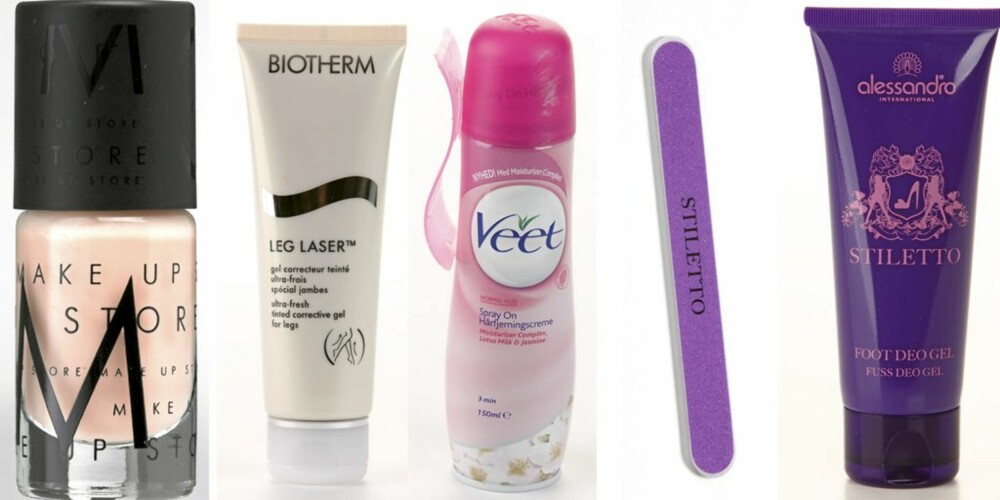 FOTPRODUKTER: Neglelakk fra Make Up Store, kr 130 frisker opp tærne. Biotherm Leg Laser jevner ut fargen på føttene, kr 330. Veet Spray on hårfjerningskrem, kr 120. Alessandro Nail file, kr 89. Alessandro Foot Deo Gel for velduftende føtter, kr 249.