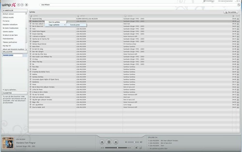 SPILLELISTEr: Du kan opprette spillelister i Wimp.