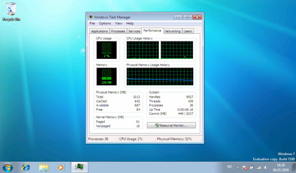 LIKT: Systemets minnebruk er praktisk talt likt mellom Windows 7 og Windows Vista når ingen programmer kjøres.