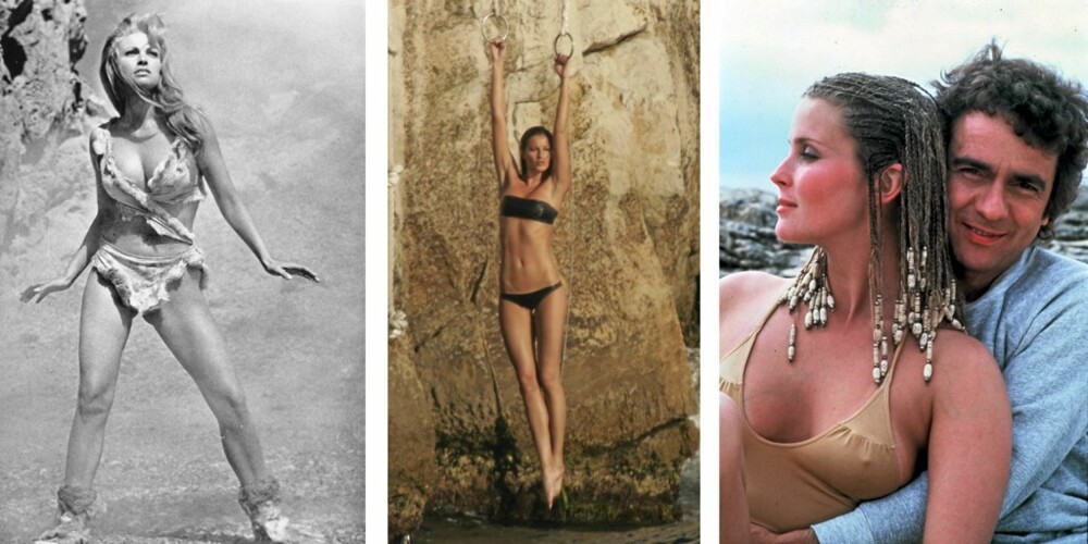 FRA DA TIL NÅ: 'Fra venstre: En sexy Raquel Welch poserer i filmen '2One Million Years B.C" fra 1966. Gisele Bündchen poserer for Pirelli-kalenderen iført minimal bikini i 2005. I 1979 ble Bo Derek legendarisk i filmen "10" iført den beige badedrakten og rastafletter.