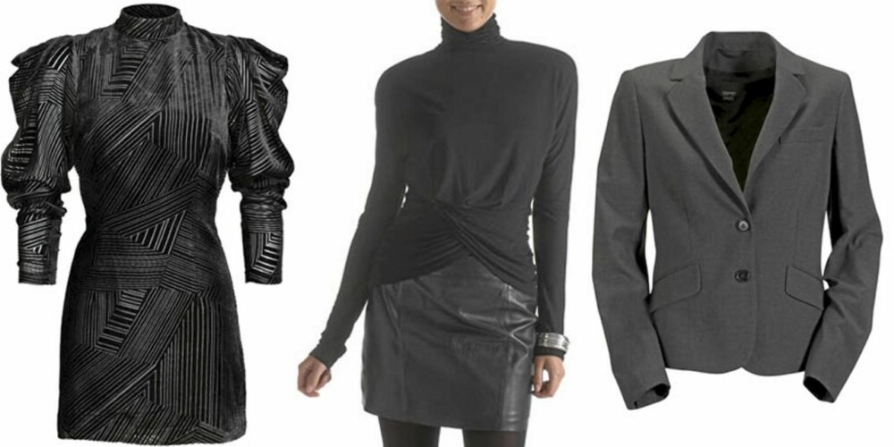 HØSTMOTEN: Plagg fra høstkolleksjoner. Til venstre kjole fra H&M til 499 svenske kronor. I midten en topp fra Laredoute.no til 199 kroner og til høyre jakke med skulderputer fra Ellos til 1199 kroner. HØSTMOTEN: Plagg fra høstkolleksjoner. Til venstre kjole fra H&M til 499 svenske kronor. I midten en topp fra Laredoute.no til 199 kroner og til høyre jakke med skulderputer fra Ellos til 1199 kroner.