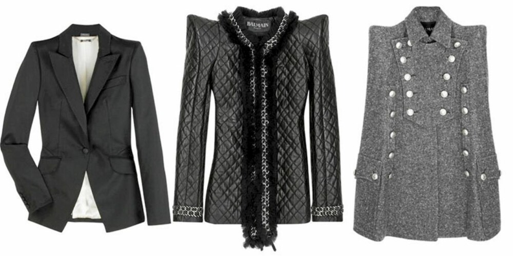 DESIGNERKLÆR: Designerjakker med skulderputer er ikke akkurat billig. Disse kan kjøpes gjennom nettsiden net-a-porter.com. Fra venstre jakke fra Alexander McQueen til 11.899 kroner. I midten jakke fra Balmain til 88.000 kroner og til høyre tweedkåpe fra Balmain til 38291 kroner. DESIGNERKLÆR: Designerjakker med skulderputer er ikke akkurat billig. Disse kan kjøpes gjennom nettsiden net-a-porter.com. Fra venstre jakke fra Alexander McQueen til 11.899 kroner. I midten jakke fra Balmain til 88.000 kroner og til høyre tweedkåpe fra Balmain til 38291 kroner.