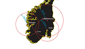 TRIANGULERING: Ved vanlig triangulering kan man ved hjelp av informasjon om avstanden til tre punkter, vite hvor man befinner seg. I dette tilfellet vet vi at vi er 160 km fra Oslo, 180 km fra Bergen og 230 km fra Lillehammer. Vi er dermed nødt til å befinne oss i Stokke i Vestfold.