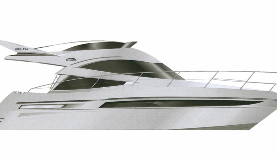 De første skissene av Galeon 340 Fly viser en båt med moderne flybridgedesign.