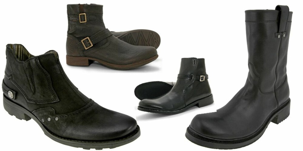 BIKER: Røff lav bikersko fra Air Step, kr 1298. Brune halvhøye bikersko fra Bobbie Burns, kr 1199. Svarte lave bikersko fra Mentor kr 1149. Bikerstøvel med høyt skaft, kr 2998 fra Sendra. BIKER: Røff lav bikersko fra Air Step, kr 1298. Brune halvhøye bikersko fra Bobbie Burns, kr 1199. Svarte lave bikersko fra Mentor kr 1149. Bikerstøvel med høyt skaft, kr 2998 fra Sendra.