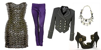 FRA VENSTRE: Paljettkjole fra H&M (kr 399, tightsbukse fra H&M (kr 199), uniformsjakke fra Bik Bok (kr 599), sko fra Bronx (kr 1200) og smykke fra Mango (kr 599).