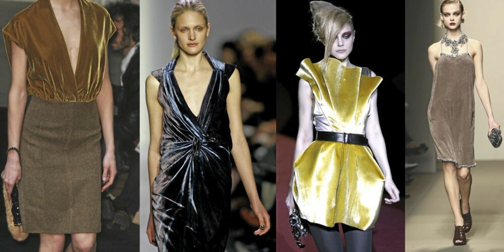 FLØYEL: Prada, BCBGMAXAZRIA, Marc by Marc Jacobs og Bottega Veneta var noen av designerne som viste fløyelsstoffer på catwalken. FLØYEL: Prada, BCBGMAXAZRIA, Marc by Marc Jacobs og Bottega Veneta var noen av designerne som viste fløyelsstoffer på catwalken.