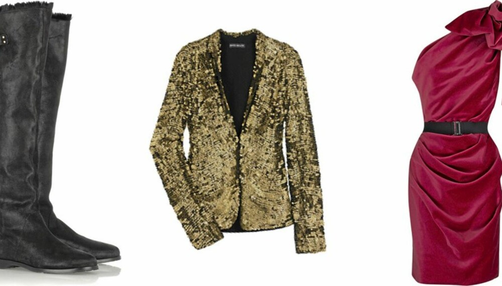 TRENDY: Skinn, paljetter og fløyel er noen av høstens heteste trender. Her ser du lårhøye støvletter fra Jimmy Choo, paljettjakke fra Antik Batik og fløyelskjole fra La Petite S****. TRENDY: Skinn, paljetter og fløyel er noen av høstens heteste trender. Her ser du lårhøye støvletter fra Jimmy Choo, paljettjakke fra Antik Batik og fløyelskjole fra La Petite S****.