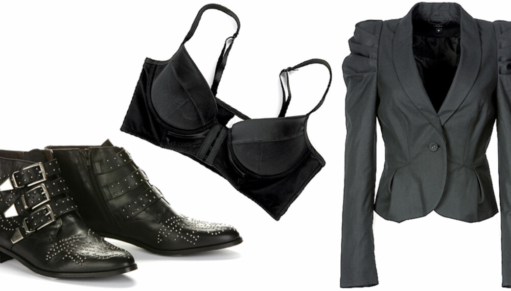 FRA VENSTRE: Ankelboots fra Bronx (kr 1100), svart BH fra Gina Tricot (kr 149), dressjakke med puffermer fra Lindex (kr 499). FRA VENSTRE: Ankelboots fra Bronx (kr 1100), svart BH fra Gina Tricot (kr 149), dressjakke med puffermer fra Lindex (kr 499).