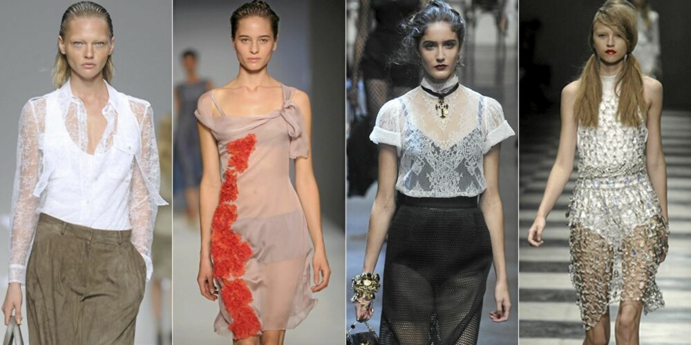 VÅRMOTE ANNO 2010: Mye transparente klær fra catwalken i Milano. Fra venstre Max Mara, Alberta Ferretti, Dolce & Gabbana og Prada. VÅRMOTE ANNO 2010: Mye transparente klær fra catwalken i Milano. Fra venstre Max Mara, Alberta Ferretti, Dolce & Gabbana og Prada.